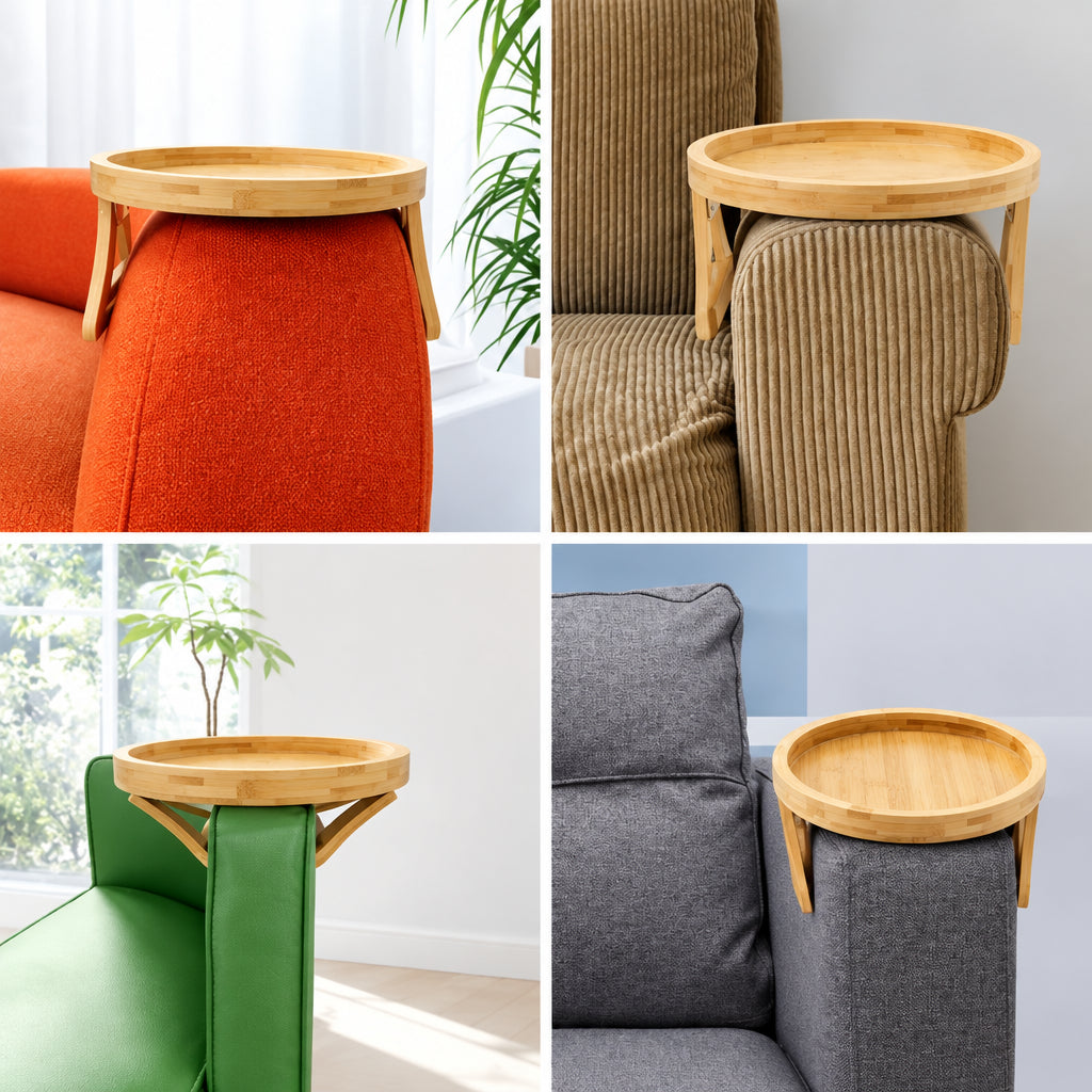 Rundes Sofa-Tablett aus Holz für die Armlehne – Ansicht 6